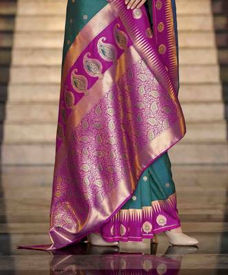 teal silk blend woven saree with unstitched blouse piece 3