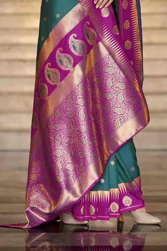teal silk blend woven saree with unstitched blouse piece