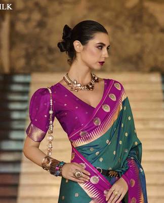 teal silk blend woven saree with unstitched blouse piece 4