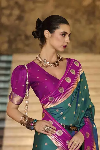 teal silk blend woven saree with unstitched blouse piece