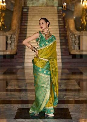 neon silk blend woven saree with unstitched blouse piece 1