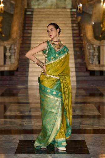 neon art silk woven saree with unstitched blouse piece