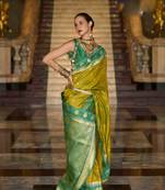 neon art silk woven saree with unstitched blouse piece