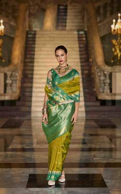 neon silk blend woven saree with unstitched blouse piece 2