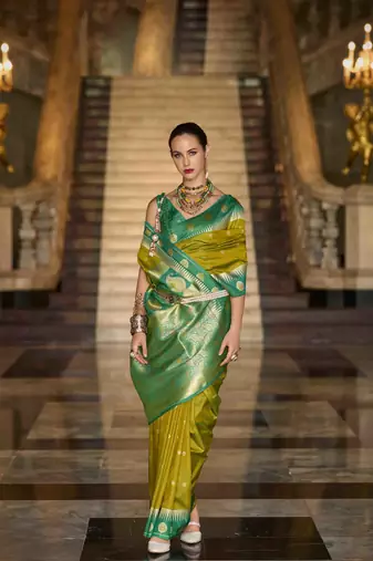neon silk blend woven saree with unstitched blouse piece