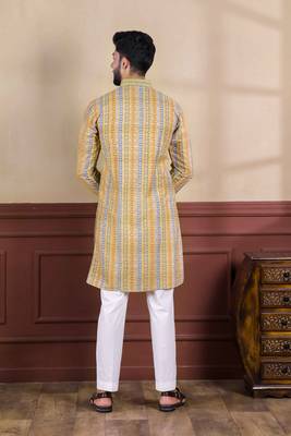 Yellow cotton blend men's kurta payjama with i3 2