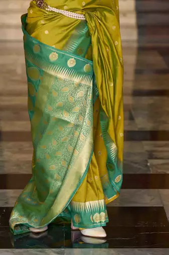 neon silk blend woven saree with unstitched blouse piece