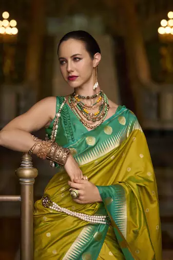 neon silk blend woven saree with unstitched blouse piece