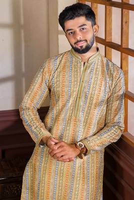 Yellow cotton blend men's kurta payjama with i3 3