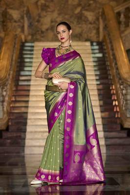 olive silk blend woven saree with unstitched blouse piece 1