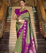 olive art silk woven saree with unstitched blouse piece