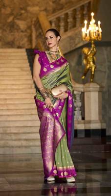 olive silk blend woven saree with unstitched blouse piece 2