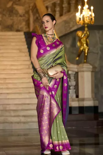 olive silk blend woven saree with unstitched blouse piece