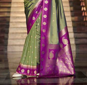 olive silk blend woven saree with unstitched blouse piece 3