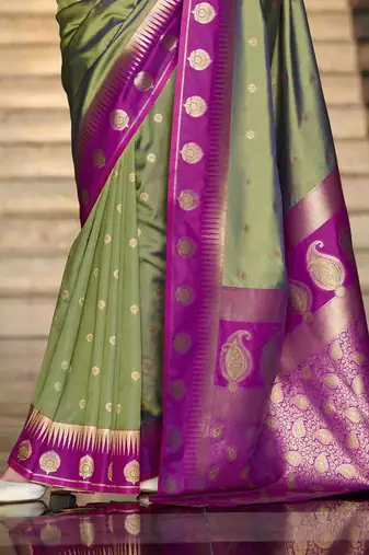 olive silk blend woven saree with unstitched blouse piece