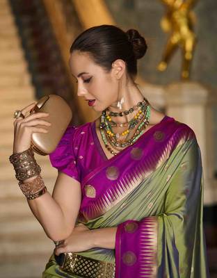 olive silk blend woven saree with unstitched blouse piece 4
