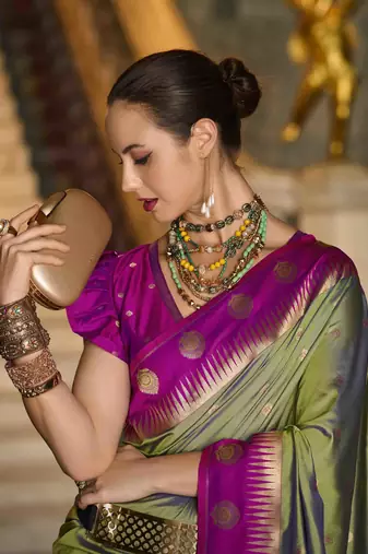 olive silk blend woven saree with unstitched blouse piece