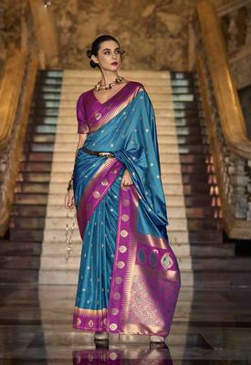 blue silk blend woven saree with unstitched blouse piece 1