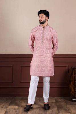 Pink cotton blend men's kurta payjama with i3 1