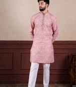 Pink cotton blend men's kurta payjama with i3