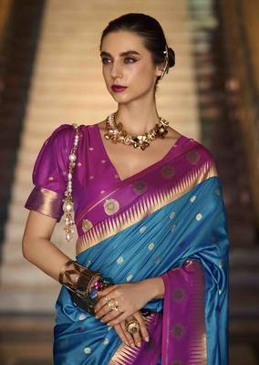 blue silk blend woven saree with unstitched blouse piece 2