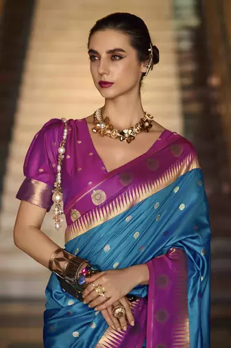 blue art silk woven saree with unstitched blouse piece