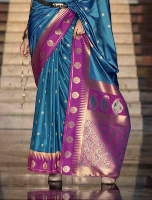 blue silk blend woven saree with unstitched blouse piece 3