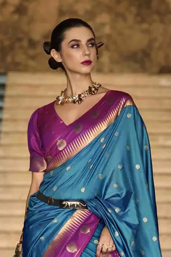 blue art silk woven saree with unstitched blouse piece