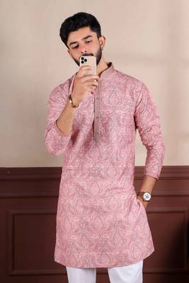 Pink cotton blend men's kurta payjama with i3 3