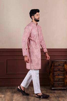 Pink cotton blend men's kurta payjama with i3 5