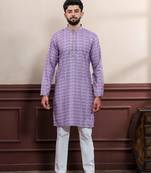 Purple cotton blend men's kurta payjama with i3