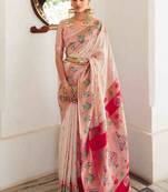 Women's peach georgette banarasi saree with unstitched blouse piece