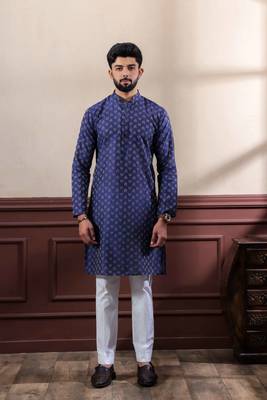 Navy blue blended cotton fabric wevon dobby men's kurta payjama 1