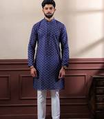Navy blue blended cotton fabric wevon dobby designer men's kurta payjama