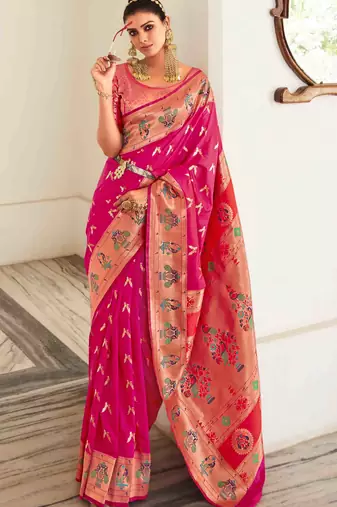 Women's pink georgette banarasi saree with unstitched blouse piece