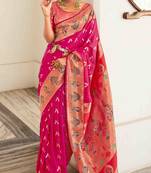 Women's pink georgette banarasi saree with unstitched blouse piece