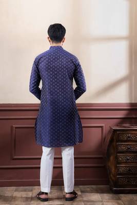 Navy blue blended cotton fabric wevon dobby men's kurta payjama 2