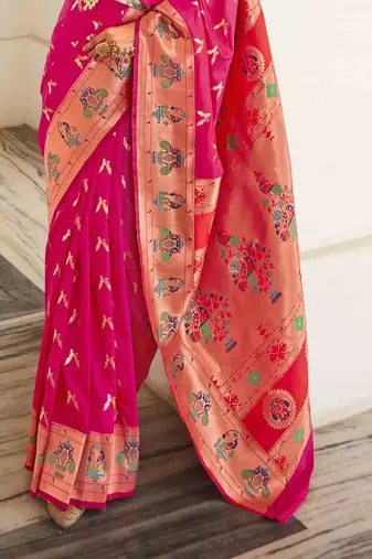 Women's pink georgette banarasi saree with unstitched blouse piece