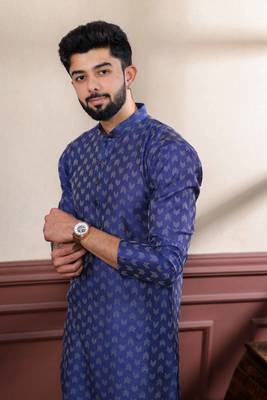 Navy blue blended cotton fabric wevon dobby men's kurta payjama 3