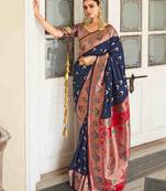 Women's navy blue georgette banarasi saree with unstitched blouse piece