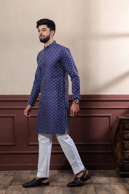 Navy blue blended cotton fabric wevon dobby men's kurta payjama 4