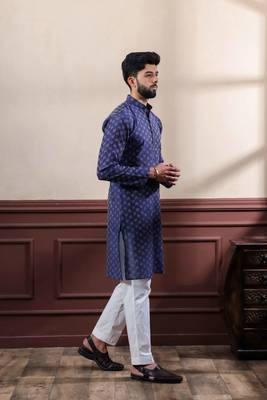 Navy blue blended cotton fabric wevon dobby men's kurta payjama 5