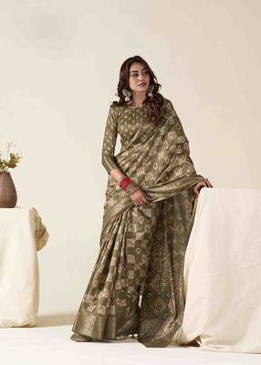 olive zari woven saree with unstitched blouse piece 1