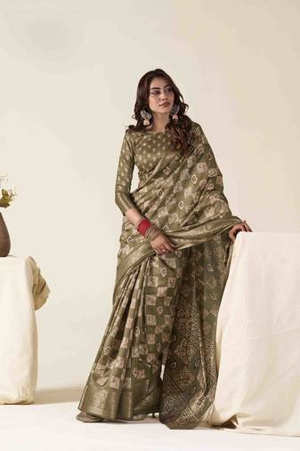 olive zari woven saree with unstitched blouse piece