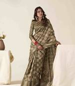 olive zari woven saree with unstitched blouse piece