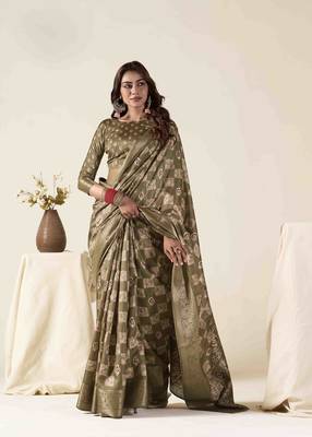 olive zari woven saree with unstitched blouse piece 2