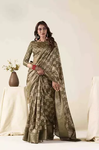 olive zari woven saree with unstitched blouse piece