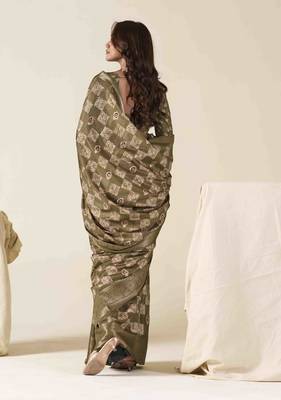 olive zari woven saree with unstitched blouse piece 3