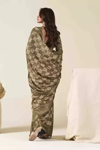 olive zari woven saree with unstitched blouse piece