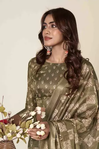 olive zari woven saree with unstitched blouse piece